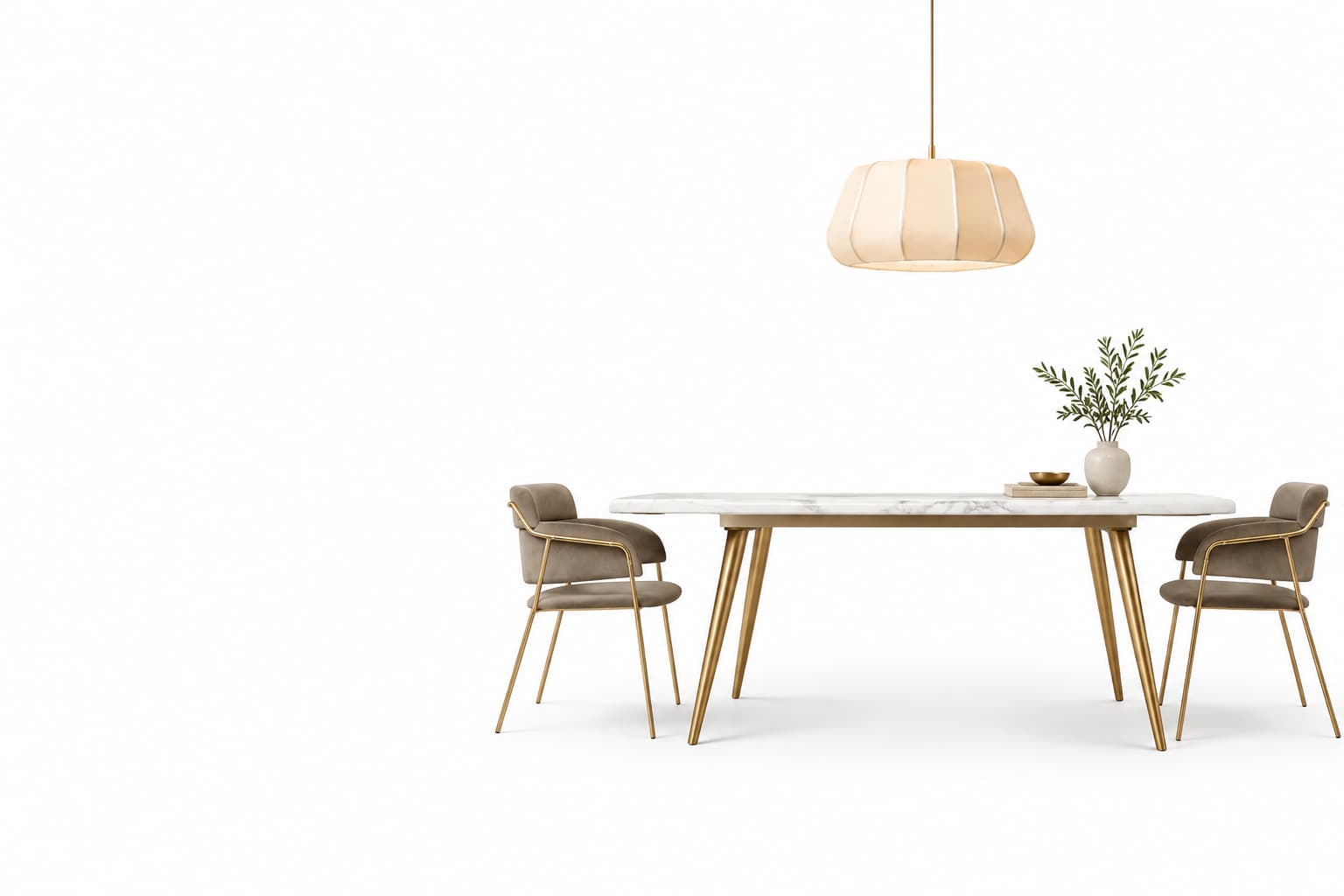 A marble dining table with upholstered chairs, a pendant light, and greenery